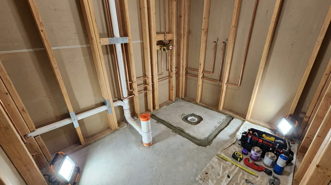Bathroom rough-in plumbing during remodel by Johns Plumbing LLC in Newell