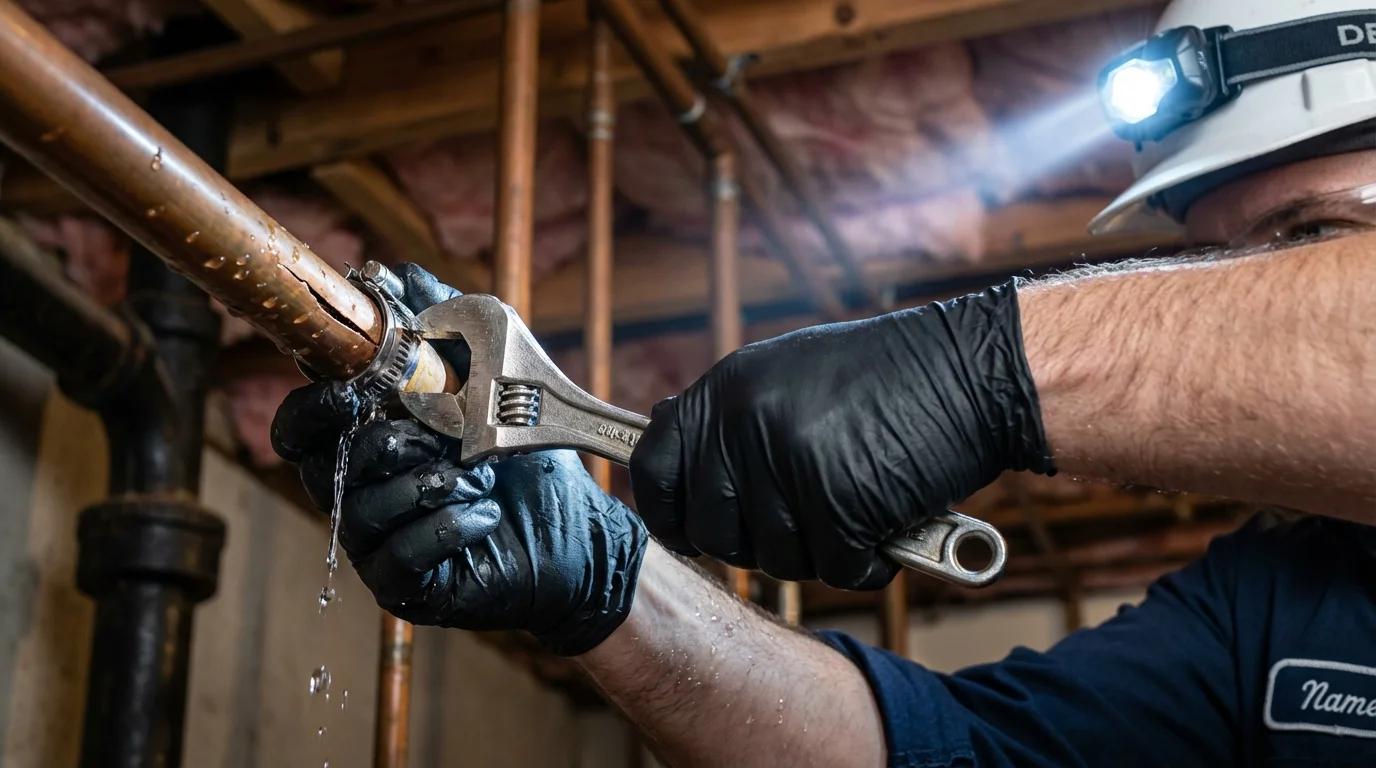 Emergency pipe clamp repair being performed by a Johns Plumbing LLC plumber in Newell