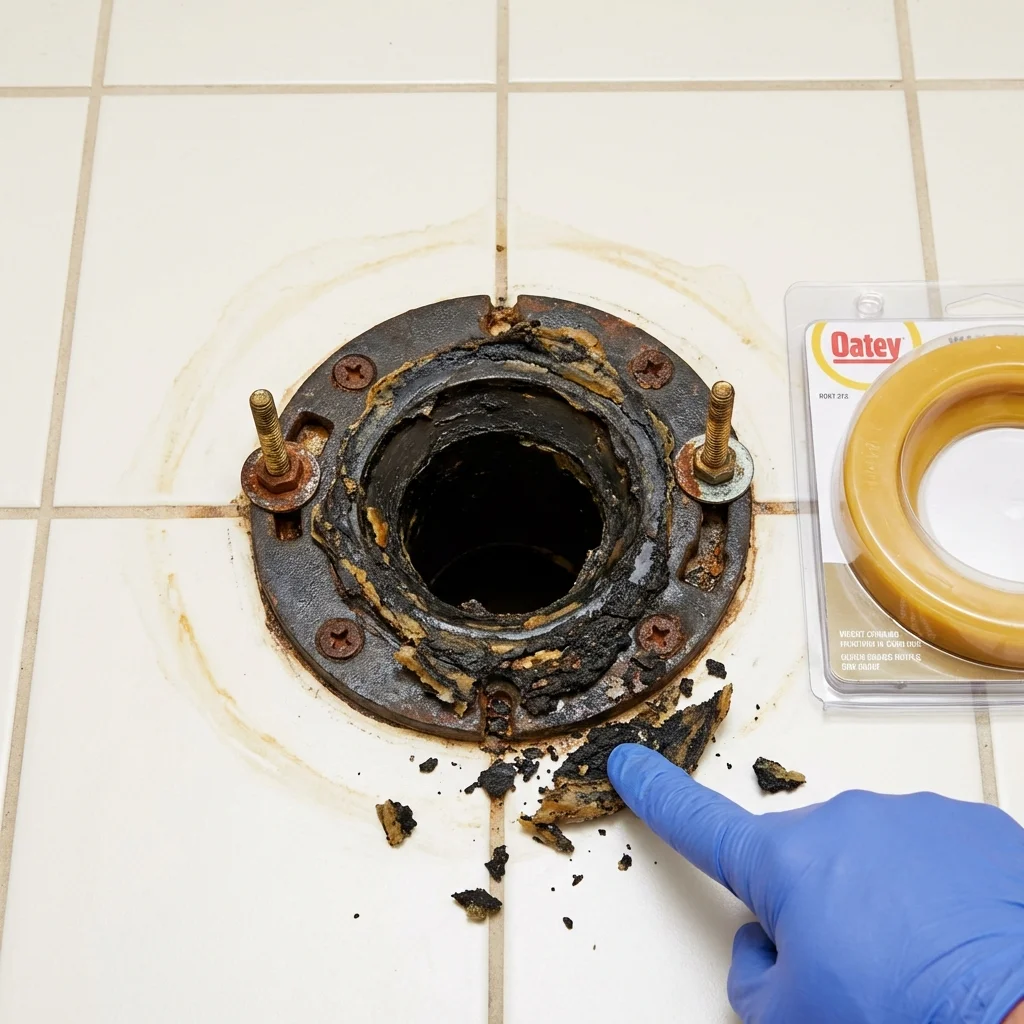 Failed wax ring showing water seepage at the base of a toilet in a Newell, WV home