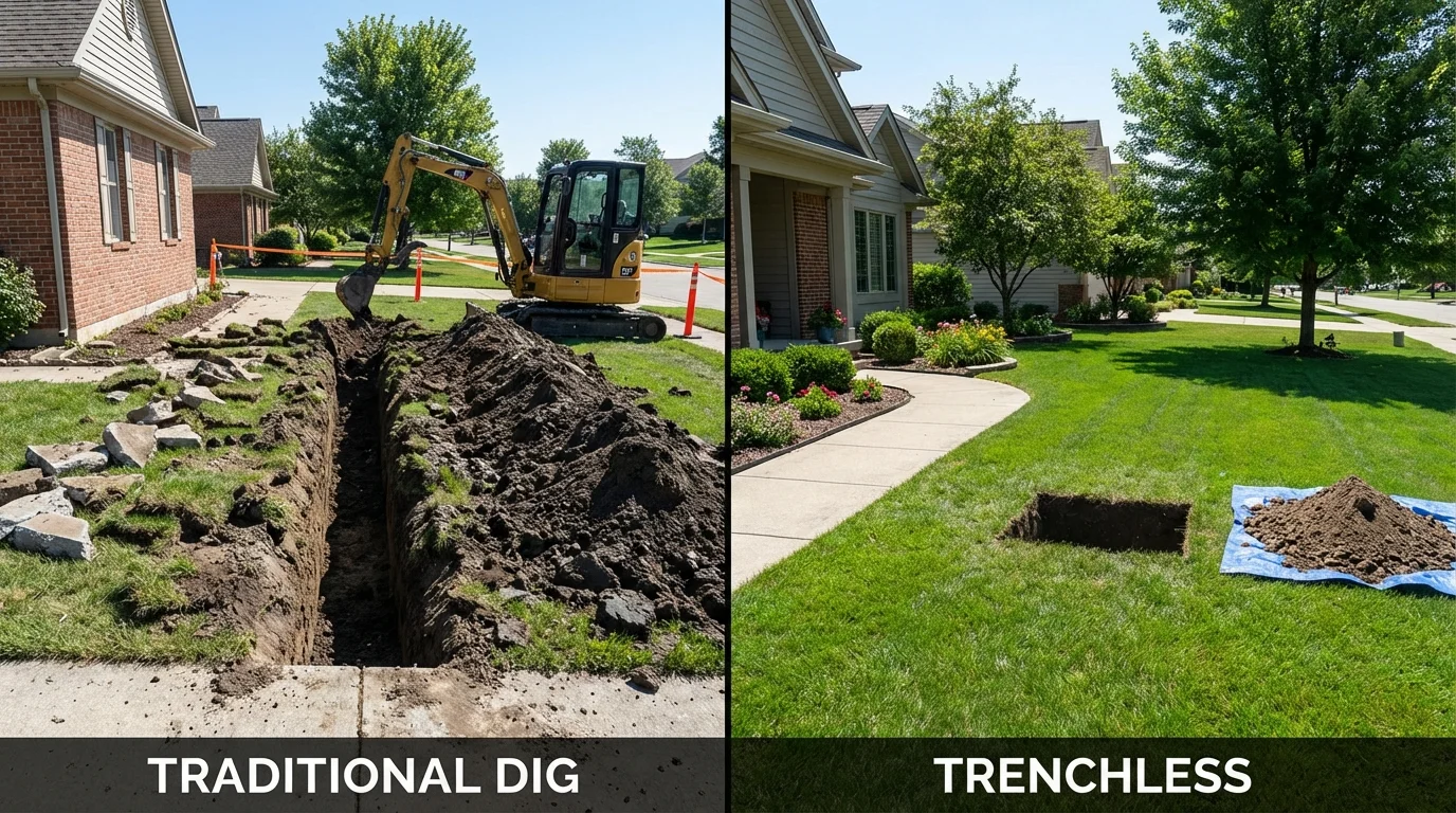 Trenchless sewer repair with minimal yard damage versus traditional excavation in Newell, WV