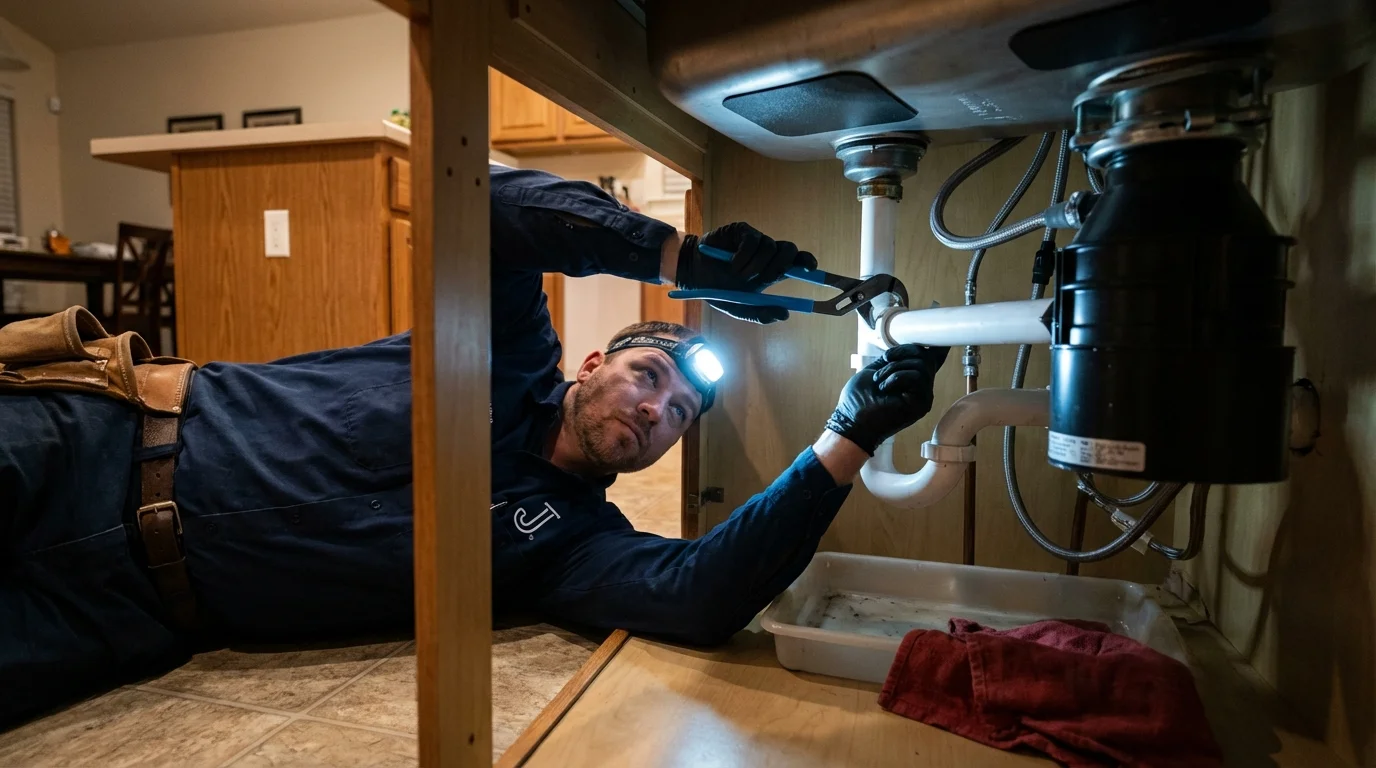 P-trap and supply line connections under a kitchen sink showing a common leak point in Newell, WV